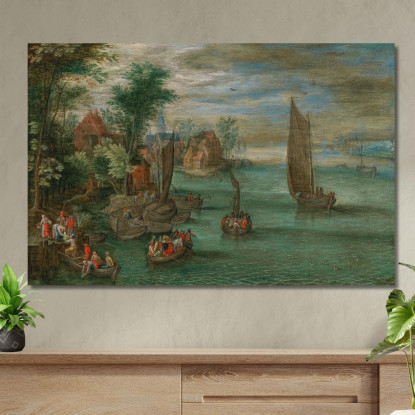 Paesaggio Fluviale Con Traghetti E Barche A Vela Jan Brueghel the Younger jby5 quadro stampato su tela