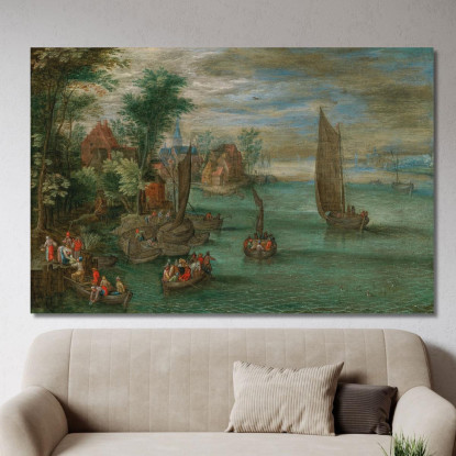 Paesaggio Fluviale Con Traghetti E Barche A Vela Jan Brueghel the Younger jby5 quadro stampato su tela