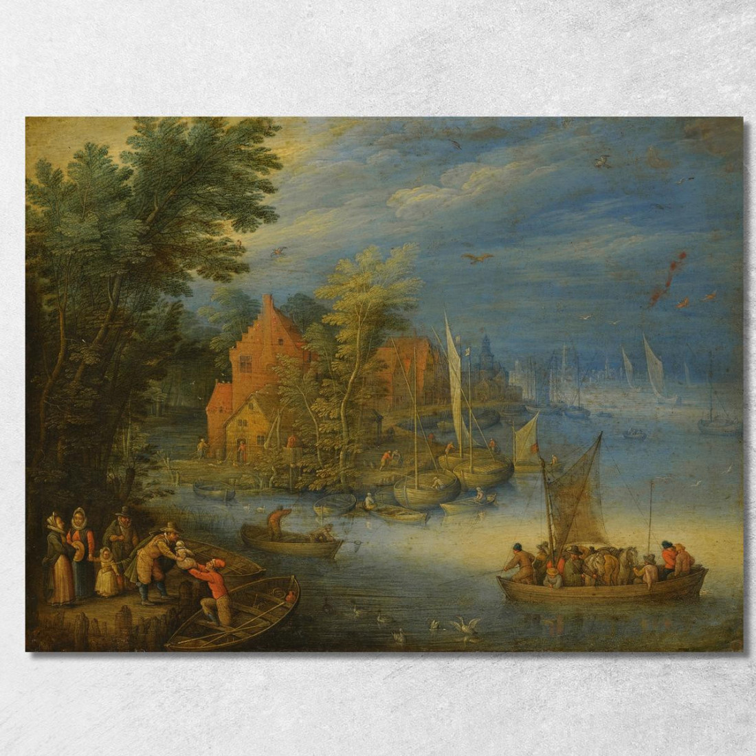 Una Città Sulle Rive Di Un Ampio Fiume Con Un Traghetto Carico Che Si Avvicina Alla Riva In Primo Piano Jan Brueghel the Younge