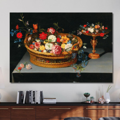 Fiori Misti In Un Cesto Con Una Tazza Vicina Jan Brueghel the Younger jby28 quadro stampato su tela