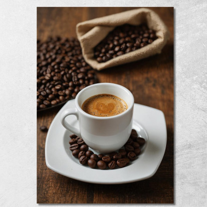 Modernes Gemälde Espressotasse Mit Kaffeebohnen Auf Holztisch drucken auf leinwand