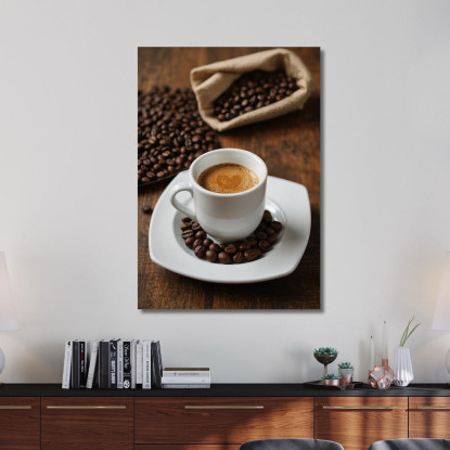 Pintura Moderna Taza De Café Expreso Con Granos De Café Sobre Mesa De Madera cuadro en lienzo