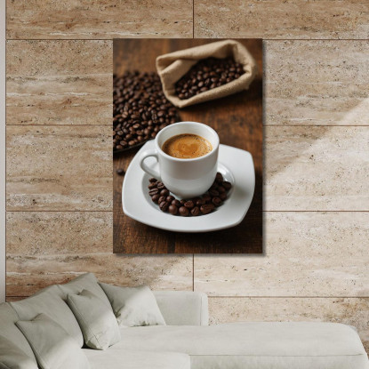 Modernes Gemälde Espressotasse Mit Kaffeebohnen Auf Holztisch drucken auf leinwand