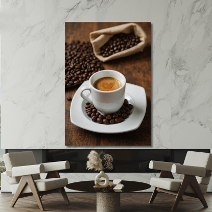 Modernes Gemälde Espressotasse Mit Kaffeebohnen Auf Holztisch drucken auf leinwand