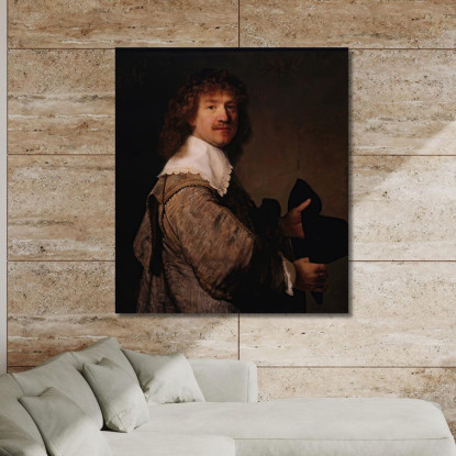 Ritratto Di Un Uomo Che Tiene Un Cappello Nero Rembrandt van Rijn rvr127 quadro stampato su tela