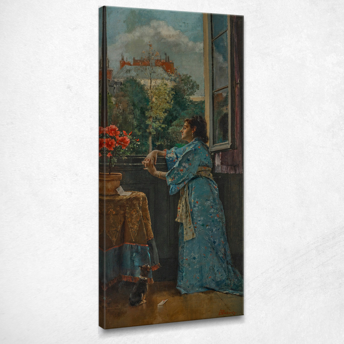 Una Donna Alla Finestra Il Kimono Blu Alfred Stevens stal95 quadro stampato su tela