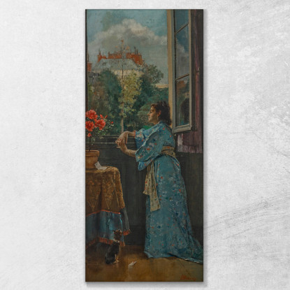 Una Donna Alla Finestra Il Kimono Blu Alfred Stevens stal95 quadro stampato su tela