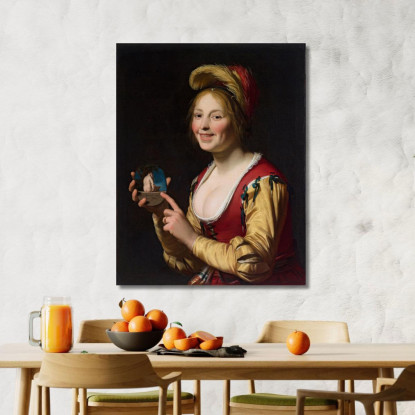 Ragazza Sorridente Una Cortigiana Che Tiene Un'Immagine Oscena Gerard van Honthorst gvh44 quadro stampato su tela