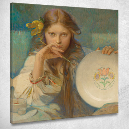 Ragazza Con Un Piatto Con Motivo Popolare Alphonse Mucha amu47 quadro stampato su tela