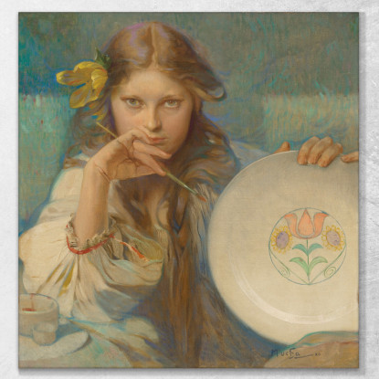 Ragazza Con Un Piatto Con Motivo Popolare Alphonse Mucha amu47 quadro stampato su tela