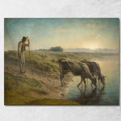 Contadino Che Abbevera Le Sue Mucche Sulla Riva Del Fiume Allier Al Tramonto Jean-François Millet jfm44 quadro stampato su tela