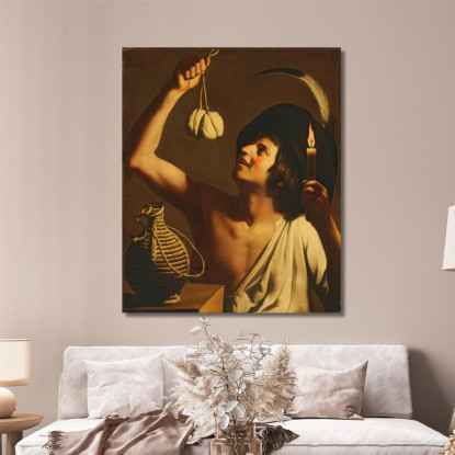 Un Joven Sosteniendo Una Vela Encendida Y Un Queso Scamorza, Una Botella De Fiasco A Su Lado Gerard van Honthorst cuadro en lien