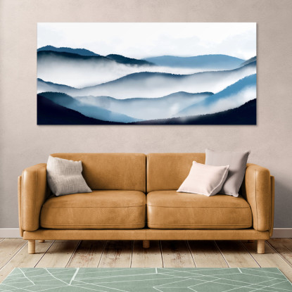 Quadro Paesaggio Astratto Arte Paesaggio Montuoso Blu Con Nebbia E Colline  abl13 quadro stampato su tela