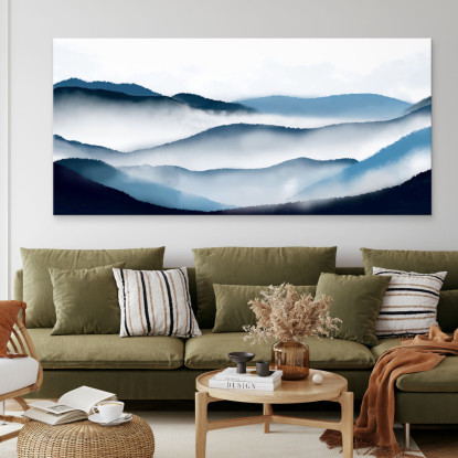 Quadro Paesaggio Astratto Arte Paesaggio Montuoso Blu Con Nebbia E Colline  abl13 quadro stampato su tela