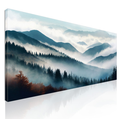 Quadro Paesaggio Astratto Montagna Nebbiosa Foresta Autunnale Blu E Arancione  abl18 quadro stampato su tela