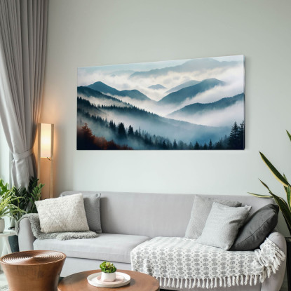 Quadro Paesaggio Astratto Montagna Nebbiosa Foresta Autunnale Blu E Arancione  abl18 quadro stampato su tela