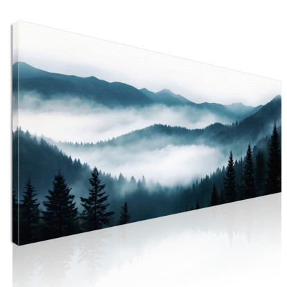 Quadro Paesaggio Astratto Montagna Nebbiosa Foresta Di Pini Scenario Blu E Bianco  abl19 quadro stampato su tela