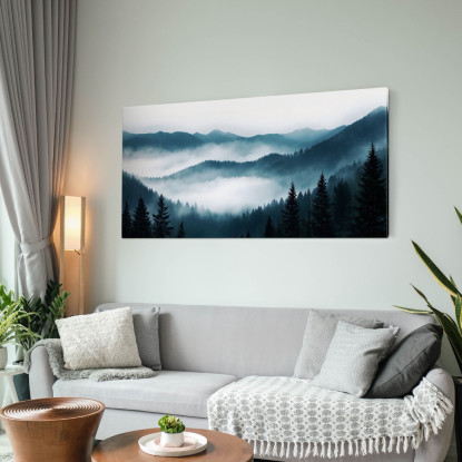 Quadro Paesaggio Astratto Montagna Nebbiosa Foresta Di Pini Scenario Blu E Bianco  abl19 quadro stampato su tela