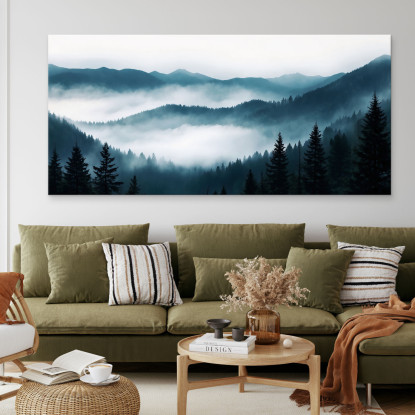 Quadro Paesaggio Astratto Montagna Nebbiosa Foresta Di Pini Scenario Blu E Bianco  abl19 quadro stampato su tela