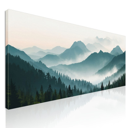 Quadro Paesaggio Astratto Montagne Nebbiose Con Foresta Verde E Cielo Chiaro  abl21 quadro stampato su tela