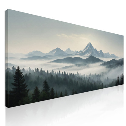 Quadro Paesaggio Astratto Paesaggio Di Montagna Nebbioso Con Vette Innevate E Foresta Verde  abl24 quadro stampato su tela