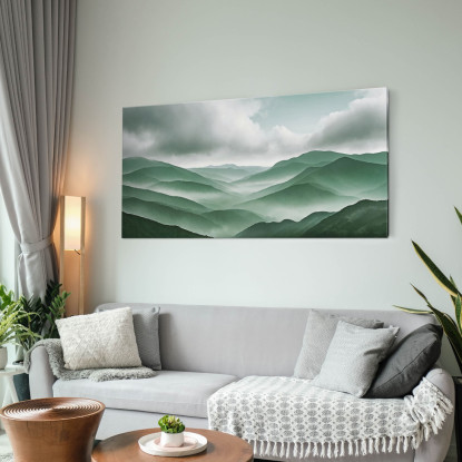 Quadro Paesaggio Astratto Paesaggio Montuoso Con Nebbia Colline Verdi E Cielo Nuvoloso  abl28 quadro stampato su tela