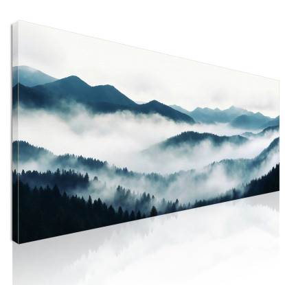 Quadro Paesaggio Astratto Paesaggio Montuoso Nebbioso Con Foresta Di Pini E Colline Blu  abl35 quadro stampato su tela