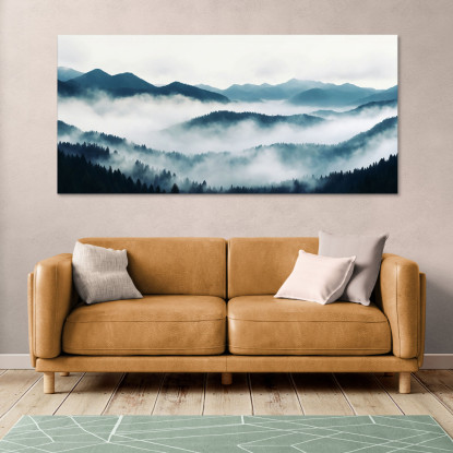 Quadro Paesaggio Astratto Paesaggio Montuoso Nebbioso Con Foresta Di Pini E Colline Blu  abl35 quadro stampato su tela