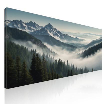 Quadro Paesaggio Astratto Paesaggio Montuoso Nebbioso Con Vette Innevate E Foresta Verde  abl37 quadro stampato su tela