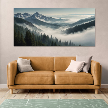 Quadro Paesaggio Astratto Paesaggio Montuoso Nebbioso Con Vette Innevate E Foresta Verde  abl37 quadro stampato su tela