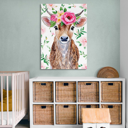 Quadro Per Nursery Decorazione Cameretta Mucca Dolce Con Corona Di Peonie  bana1 quadro stampato su tela