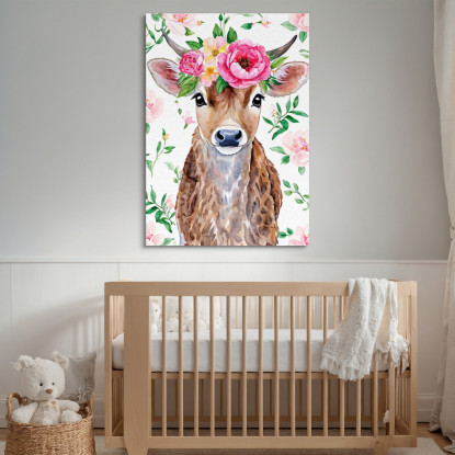 Quadro Per Nursery Decorazione Cameretta Mucca Dolce Con Corona Di Peonie  bana1 quadro stampato su tela