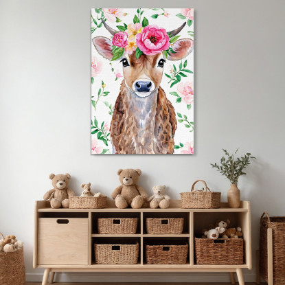 Quadro Per Nursery Decorazione Cameretta Mucca Dolce Con Corona Di Peonie  bana1 quadro stampato su tela