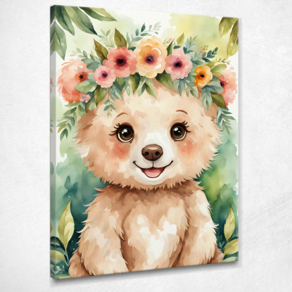 Decorazione Nursery Quadro Per Bimbo E Bimba Orsetto Con Corona Di Fiori Colorati  bana2 quadro stampato su tela