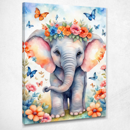 Quadro Per Cameretta Bimbo Bimba Dolce Elefantino Con Fiori E Farfalle Colorate  bana3 quadro stampato su tela