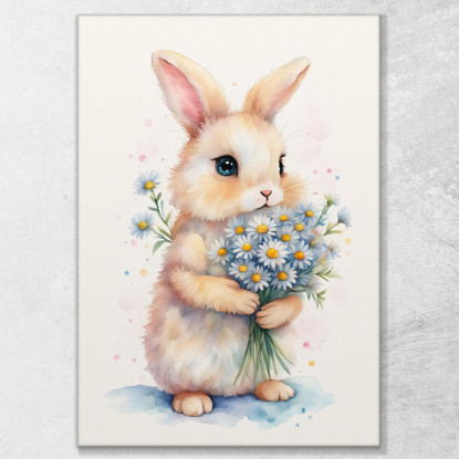 Quadro Per Cameretta Bimbo Dolce Coniglietto Con Fiori Bianchi bana7 quadro stampato su tela