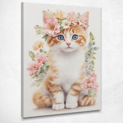 Quadro Per Cameretta Bimba Tenero Gattino Con Fiori Rosa  bana8 quadro stampato su tela