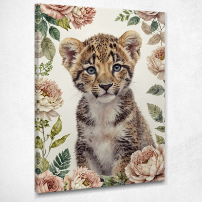 Quadro Per Nursery Decorazione Per Bambino Dolce Cucciolo Di Leopardo Con Fiori  bana12 quadro stampato su tela