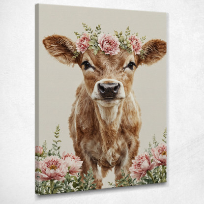 Quadro Per Bimba Decorazione Per Cameretta Mucca Carina Con Corona Di Fiori  bana13 quadro stampato su tela