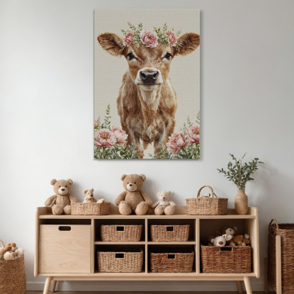 Quadro Per Bimba Decorazione Per Cameretta Mucca Carina Con Corona Di Fiori  bana13 quadro stampato su tela