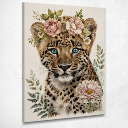 Quadro Decorativo Per Cameretta Bimbo Piccolo Leopardo Con Decorazioni Floreali  bana14 quadro stampato su tela