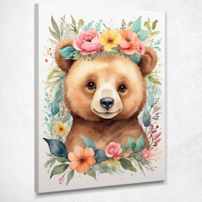 Quadro Decorativo Per Cameretta Bimba Orsetto Con Ghirlanda Di Fiori Colorati  bana15 quadro stampato su tela