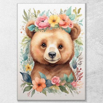 Quadro Decorativo Per Cameretta Bimba Orsetto Con Ghirlanda Di Fiori Colorati  bana15 quadro stampato su tela