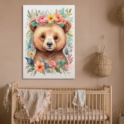 Quadro Decorativo Per Cameretta Bimba Orsetto Con Ghirlanda Di Fiori Colorati  bana15 quadro stampato su tela