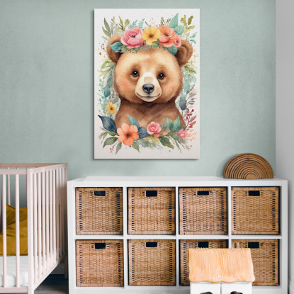 Quadro Decorativo Per Cameretta Bimba Orsetto Con Ghirlanda Di Fiori Colorati  bana15 quadro stampato su tela