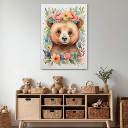 Quadro Decorativo Per Cameretta Bimba Orsetto Con Ghirlanda Di Fiori Colorati  bana15 quadro stampato su tela