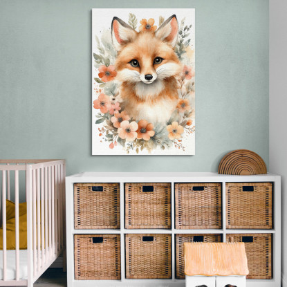 Quadro Per Bambino Decorazione Per Nursery Volpe Con Cornice Di Fiori Arancioni  bana16 quadro stampato su tela