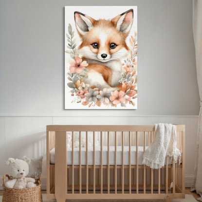 Quadro Per Cameretta Neonata Baby Volpe Con Fiori Beige E Rosa  bana17 quadro stampato su tela