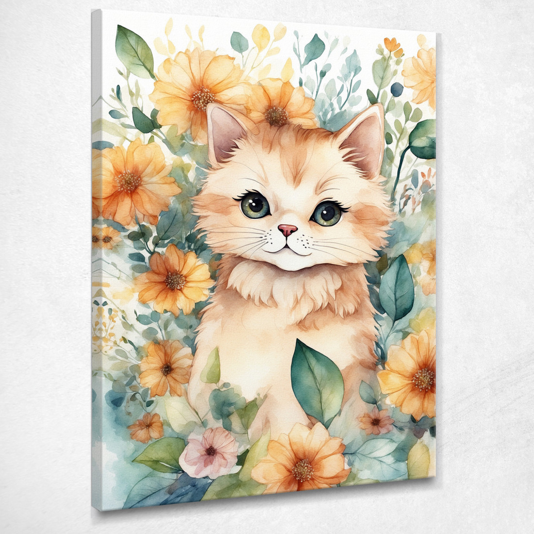 Decorazione Per Nursery Quadro Per Bimba Gattino Floreale Di Fiori Colorati  bana18 quadro stampato su tela