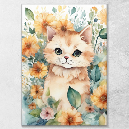 Decorazione Per Nursery Quadro Per Bimba Gattino Floreale Di Fiori Colorati  bana18 quadro stampato su tela